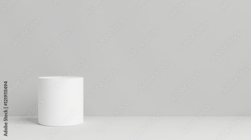 Poster A simple white cylindrical pedestal on a minimalist gray background, ideal for product display or showcasing design concepts.