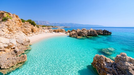 Fototapeta premium Secluded cove beach, turquoise water, sunny day, mountain backdrop, summer vacation