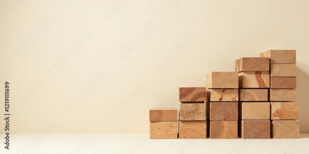 Aufkleber Ascending Wooden Blocks on Neutral Background A Minimalist Composition of Simple Geometric Shapes Arranged in an Upward Trajectory, Evoking a Sense of Growth and Progress