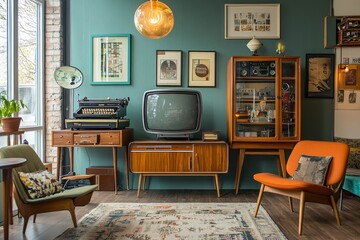 Retro living room design with old television, cabinet and radio along with work area with typewriter.