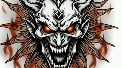 A horrifying creature is depicted with sharp horns and fiery eyes, surrounded by radiant sun rays. The chilling expression adds to the overall unsettling ambiance of the artwork.