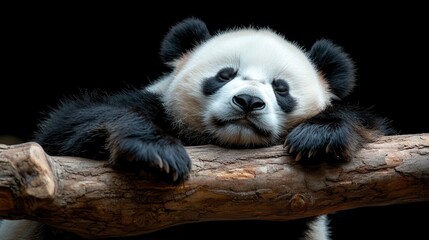 Obraz premium This content panda is peacefully snoozing on a log, capturing the essence of tranquility and the cuteness of wildlife in a moment filled with calm and beauty.