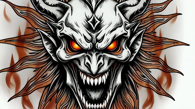 A horrifying creature is depicted with sharp horns and fiery eyes, surrounded by radiant sun rays. The chilling expression adds to the overall unsettling ambiance of the artwork.