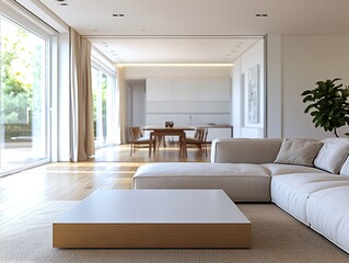 Fototapeta premium A midcentury modern interior design in the living room of a house with minimalist, sofa and table and a dining room view. Generative AI 