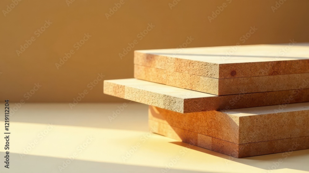 Poster illuminated stack of wood panels, ready for construction or craft projects