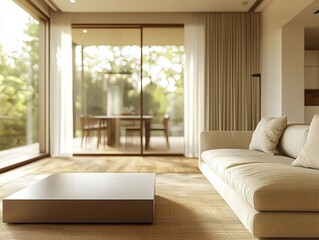 Fototapeta premium A modern minimalist interior design of a residential living room with curtains visible windows and a sofa and table. Generative AI 