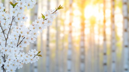 Spring blossoms in birch forest sunrise
