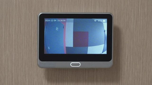 Apartment front door peep hole camera motion detector decorated with Christmas wreath. Woman looking at screen of digital door peephole viewer.