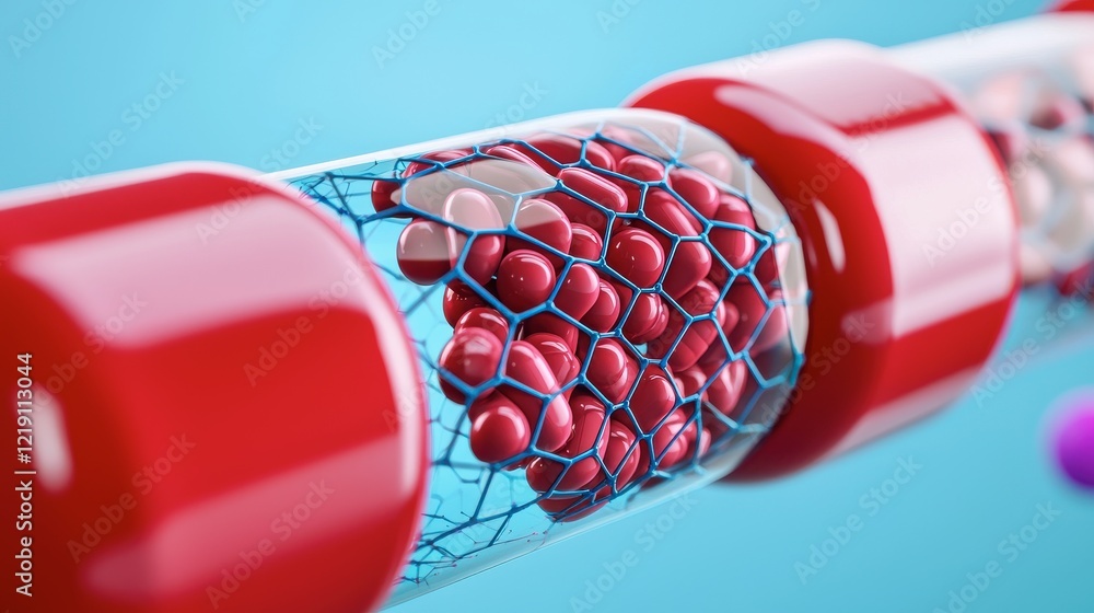 Poster a close-up view of a transparent tube containing red cells, showcasing intricate structures within a