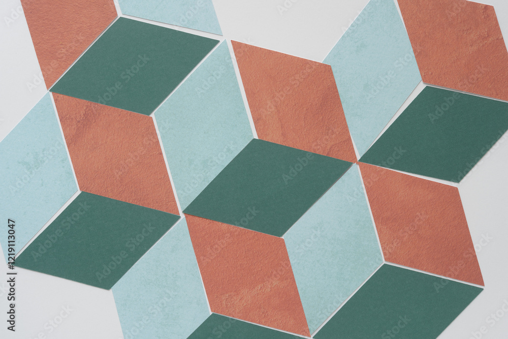 Wall mural isometric pattern in blue green and brown