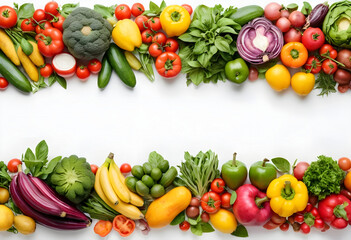 Colorful Fruits and Vegetables Layout on White Background – Perfect for Healthy Food Concepts