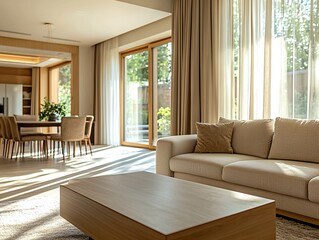 A modern minimalist interior design of a residential living room with dining room view and sofa and table. Generative AI
