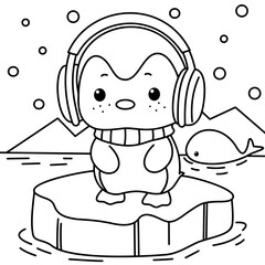 Little penguins are enjoying listening to music in the snow, easy coloring for kids, vector, illustration, coloring book, coloring page