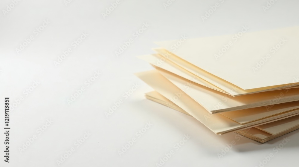Poster a stack of cream-colored paper sheets on a white surface, showing subtle textural details and a clea
