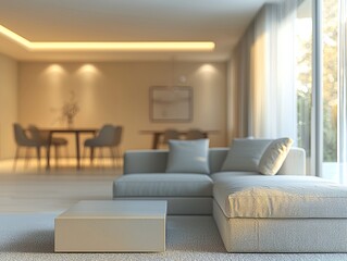 A modern minimalist interior design of a living room with light gray sofas and a living room with dining room views. Generative AI
