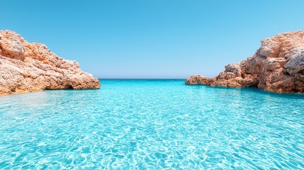 Fototapeta premium Turquoise water cove, sunny beach, clear sky, summer vacation, idyllic scene