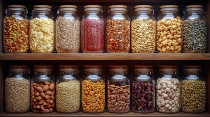 Glass jars filled with various dried foods neatly arranged on wooden shelves.