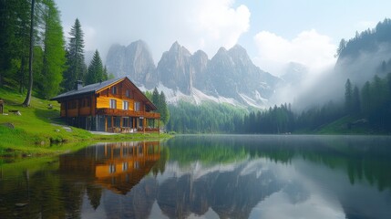 Obraz premium Mountain Lake House Scenic Tranquil Reflection