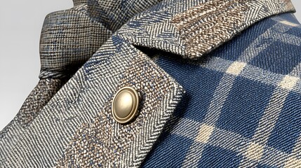 Detailed Closeup of Blue and Brown Plaid Jacket Texture with Gold Button