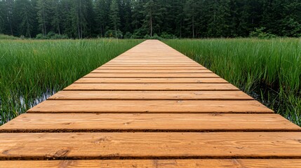 Obraz premium Wooden boardwalk path through lake reeds. Peaceful nature scene