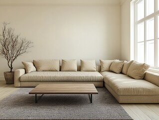 A modern minimalist interior design of a residential living room with beige-finished walls and beige sofas and tables. Generative AI
