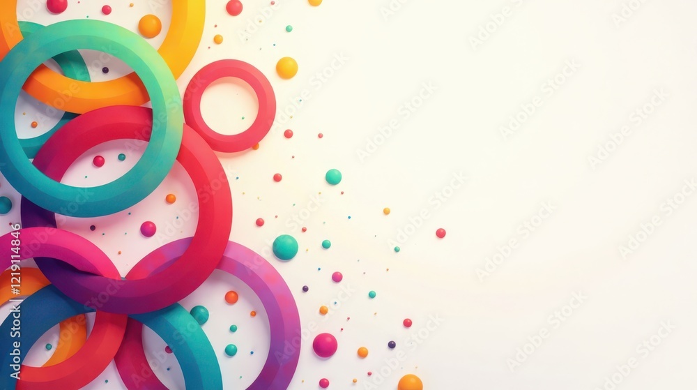 Poster Vibrant Interlocking Rings and Scattered Spheres on a Soft White Background, a Colorful Abstract Composition Ideal for Modern Design Projects and Creative Visuals