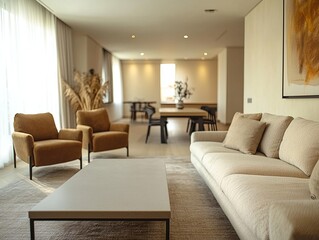 Fototapeta premium A modern minimalist interior design of a residential living room with far-flung views of a danning room and sofa and table. Generative AI 