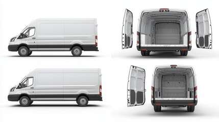 A collection of cargo vans and delivery trucks with open rear compartments on a white isolated background