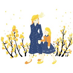 Mom and girl walking through spring flowers