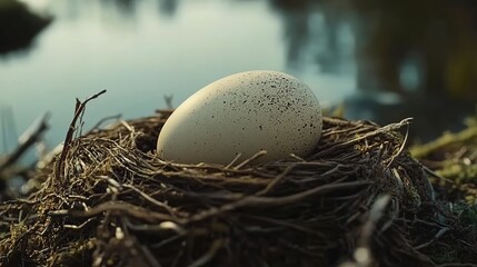 Obraz premium A cinematic shot of an egg in a nest, on a river bank, in daylight.