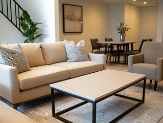 A modern minimalist interior design of a residential living room with a sofa and table and a dining room in view. Generative AI
