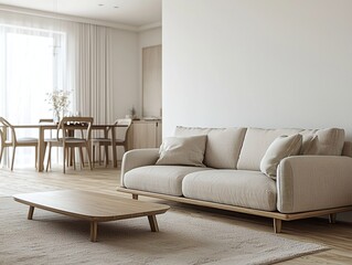 A modern minimalist interior design of a residential living room with far-flung views of a danning room and sofa and table. Generative AI
