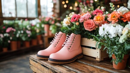 These pink boots are elegantly placed on a wooden table, surrounded by a beautiful arrangement of colorful flowers, creating a charming and vibrant atmosphere.