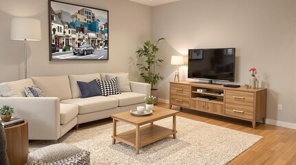 Cozy modern living room with stylish furniture and decorative elements 