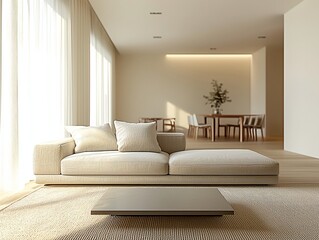A modern minimalist interior design of a residential living room with far-flung views of a danning room and sofa and table. Generative AI
