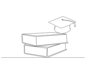 One continuous line drawing of stack of book with graduation cap. Concept vector art for university or college. Editable stroke. Doodle line illustration