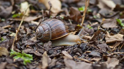 Close-up of a snail crawling over leaves in a natural setting  
