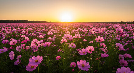 Obraz premium A vibrant expanse of pink flowers illuminated by the sun.