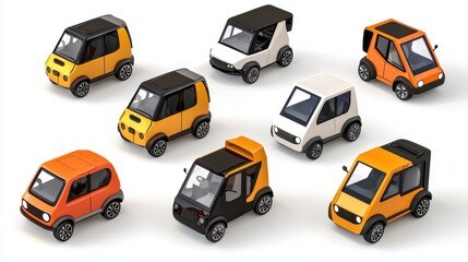 A collection of compact electric vehicles designed for city use on a white isolated background