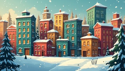 A picturesque winter village, adorned with colorful buildings, stands majestically under a soft snowfall. The vibrant hues of the houses contrast beautifully with the white snow, creating a cozy and