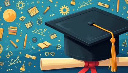 A classic black graduation cap rests atop a rolled diploma, set against a lively blue backdrop filled with colorful educational icons. This image captures the essence of achievement and the excitement