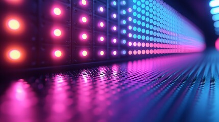 Obraz premium Pink blue LED lights reflecting on metallic floor. Futuristic tech background