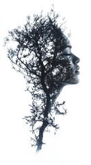 A double exposure of a woman's face and tree branches, in a surreal digital art style, against a white background, with a minimalistic design, creating an ethereal and mysterious atmosphere with dark 