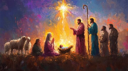 Holy Family Nativity in Bethlehem: Oil Painting of Christmas Scene with Joseph, Mary, Baby Jesus, Shepherds, Sheep, and Comet Star Illustration