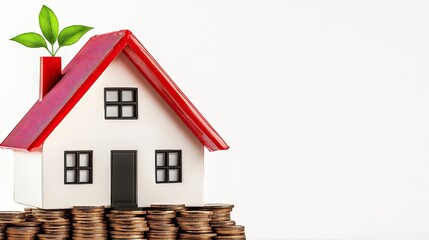 Eco Friendly Home Model on Stack of Coins Representing Financial Growth and Stability