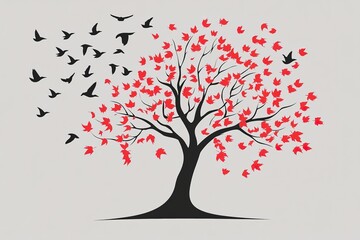 Fototapeta premium A Stylized Tree with Flying Birds and Falling Leaves