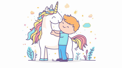 Happy Boy Hugging Nice Unicorn in Degraded Outline Style