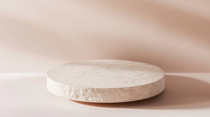 A minimalistic round pedestal with a smooth stone texture, set against an isolated pastel background for product display presentation.