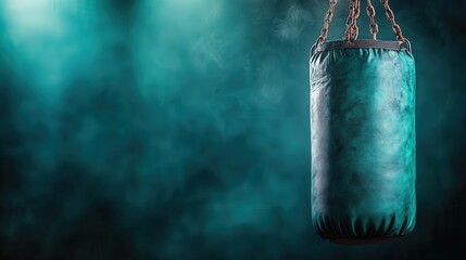 A mesmerizing image of a stylish teal boxing bag hanging in a captivating atmosphere, evoking strong feelings related to fitness, determination, and artistry.