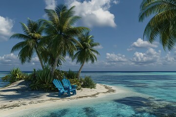 Fototapeta premium Serene Tropical Island Escape with Blue Adirondack Chairs